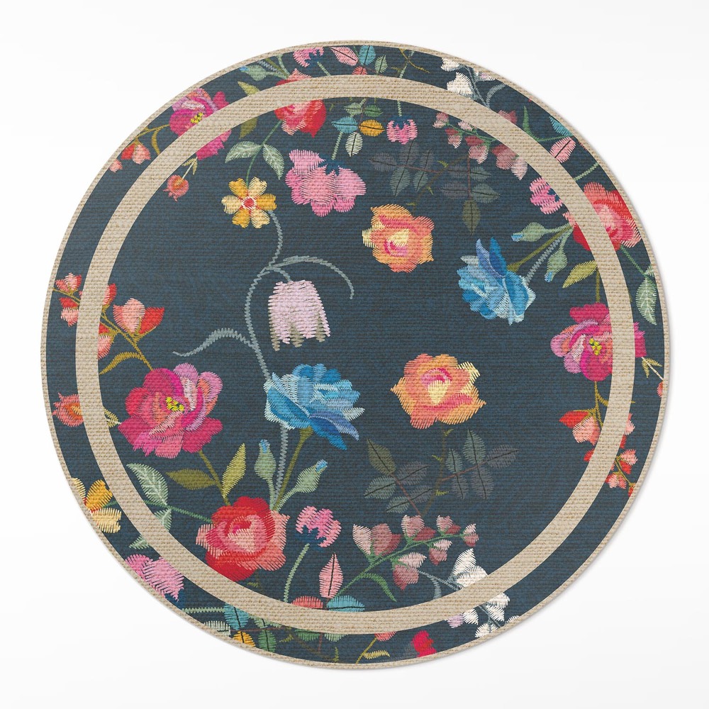 Dywan winylowy okrągły Kolorowe wyszywane kwiaty