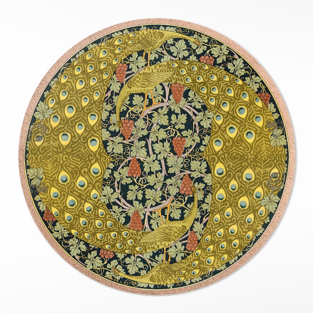 Dywan winylowy okrągły Żółte pawie w winogronach