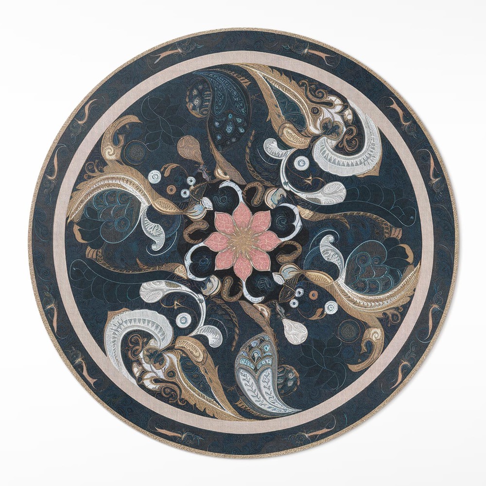 Dywan winylowy okrągły Abstrakcja kształtów i kwiat w stylu vintage