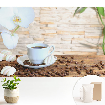 Fototapeta na wymiar do sypialni Kawa i orchidea na drewnie