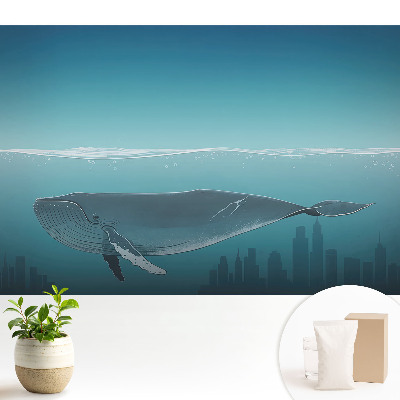 Tapeta fotograficzna flizelinowa Wieloryb i miasto o zachodzie słońca