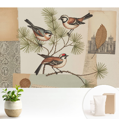 Fototapeta flizelinowa do salonu Ptaki na gałęzi vintage collage
