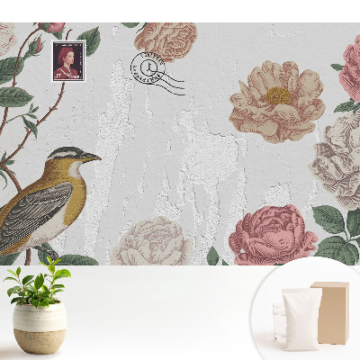 Tapeta fotograficzna flizelinowa Kwiaty i ptak na tle ściany