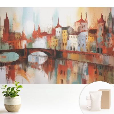 Fototapeta na wymiar do sypialni z kolorową panoramą miasta