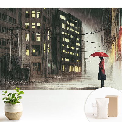 Fototapeta na flizelinie z nadrukiem przedstawiającym miejską noc w deszczowym, tajemniczym nastroju