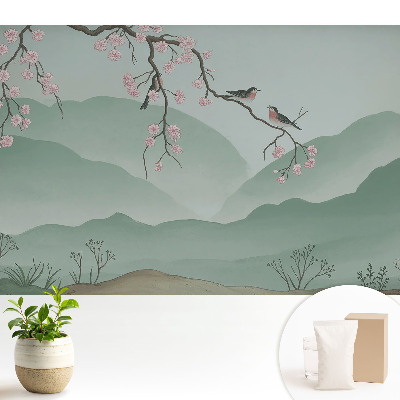 Tapeta fotograficzna flizelinowa Kwiaty i ptaki na tle wzgórz