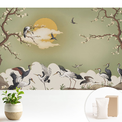 Fototapeta na wymiar do sypialni z motywem żurawi i kwitnących drzew