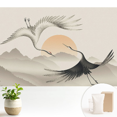 Fototapeta flizelinowa przedstawiająca żurawie nad górami w naturalnej, stonowanej kolorystyce