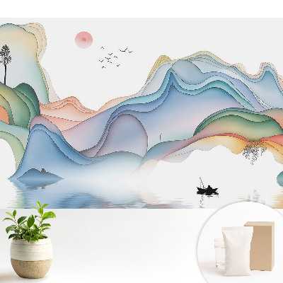 Fototapeta z nadrukiem na flizelinie przedstawiająca pastelowy krajobraz z falującymi górami