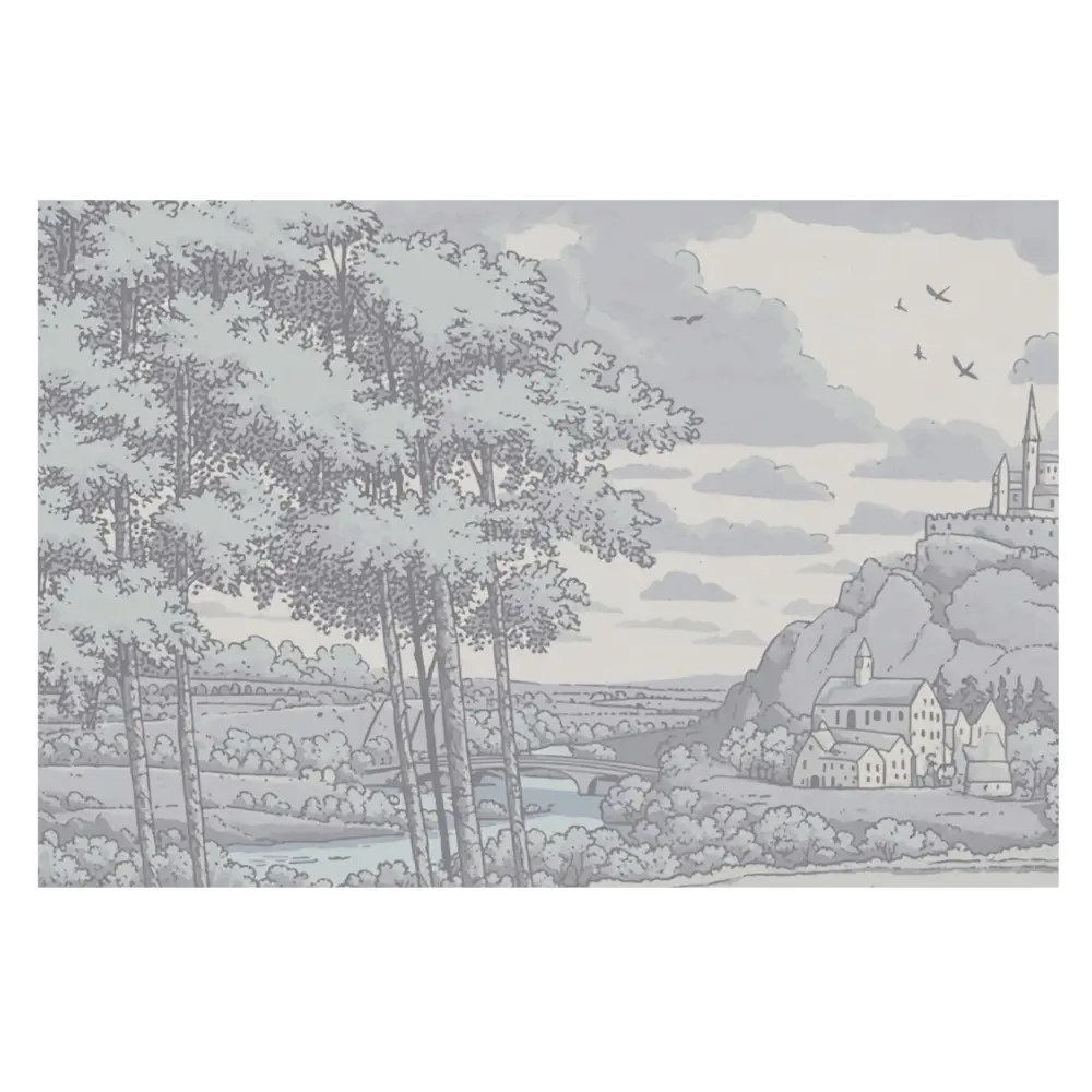 Fototapeta flizelinowa do salonu Zamek las rzeka ilustracja klasyczna