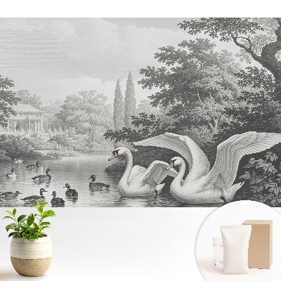Tapeta fotograficzna flizelinowa z motywem jeziorka z łabędziami i kaczkami w klasycznym stylu