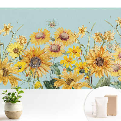 Fototapeta na wymiar do sypialni Rustykalne słoneczniki i kwiaty na błękicie