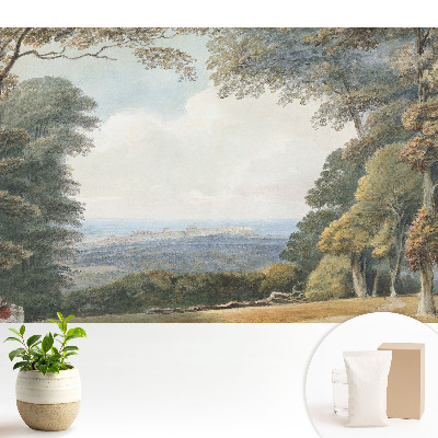 Fototapeta flizelinowa z motywem pejzażu przy lesie z widokiem na miasto, przeznaczona do salonu