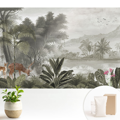 Fototapeta na flizelinie z nadrukiem przedstawiającym egzotyczny krajobraz leśny z jeleniami