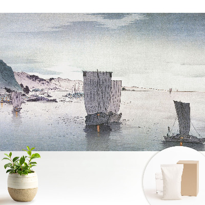 Fototapeta z nadrukiem na flizelinie przedstawiająca żaglówki na spokojnym akwenie wśród wzgórz