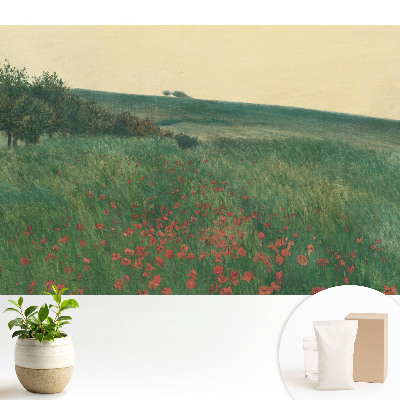 Tapeta fotograficzna flizelinowa z motywem rustykalnej łąki pełnej maków i drzew