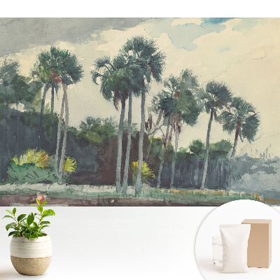 Fototapeta do salonu z motywem tropikalnych palm w akwarelowym stylu