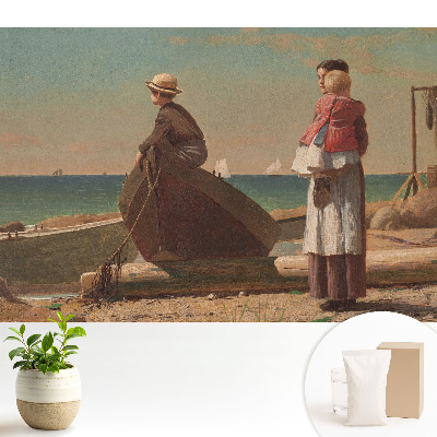 Fototapeta na wymiar do sypialni z motywem postaci na plaży i widokiem na morze