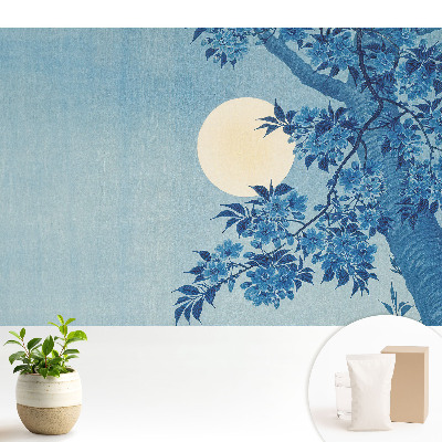 Tapeta fotograficzna flizelinowa z motywem niebieskich kwiatów przy księżycu