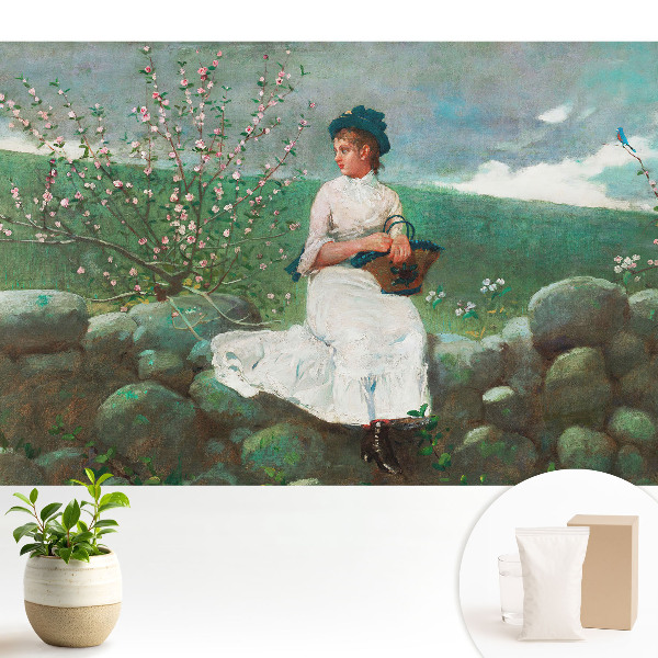 Fototapeta z nadrukiem na flizelinie Kwiaty i dziewczyna na murze