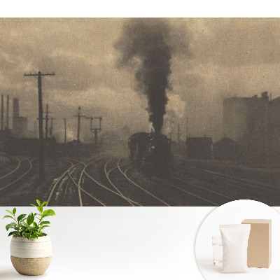 Fototapeta na wymiar do sypialni z industrialną kompozycją z pociągiem i fabrykami