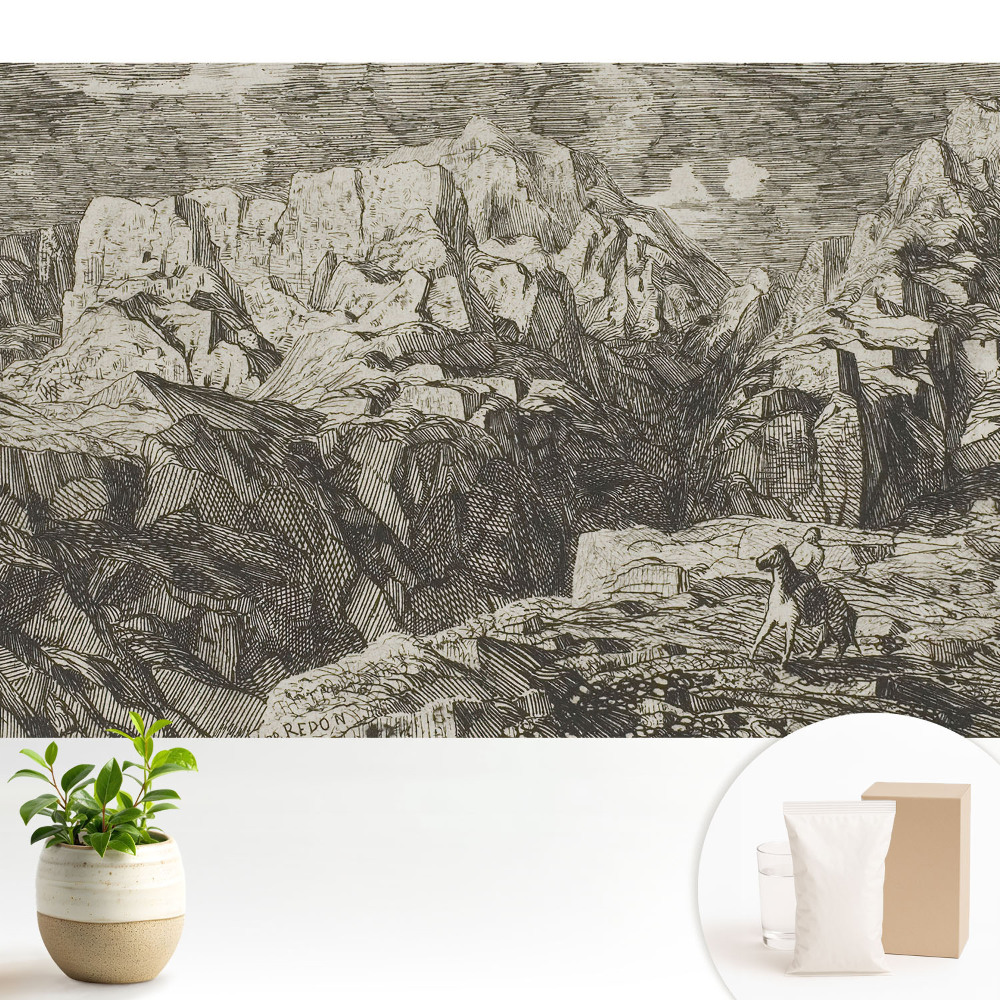 Fototapeta na wymiar do sypialni Grafika klasyczna surowe skały postać z osiołkiem