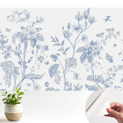 Fototapeta na wymiar do sypialni Delikatne niebieskie kwiaty i ptaki