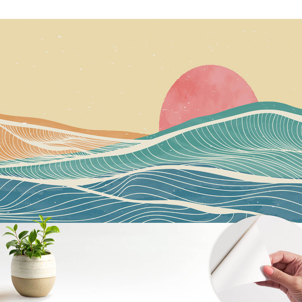 Nowoczesna fototapeta na wymiar Morskie fale i różowe słońce abstrakcyjnie