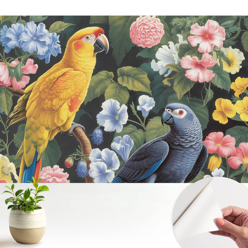 Fototapeta z nadrukiem samoprzylepna Kolorowe ptaki tropikalne wśród kwiatów