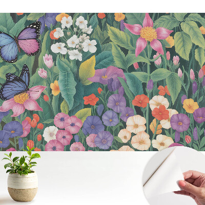 Fototapeta do salonu Kolorowa łąka pełna kwiatów motyli.