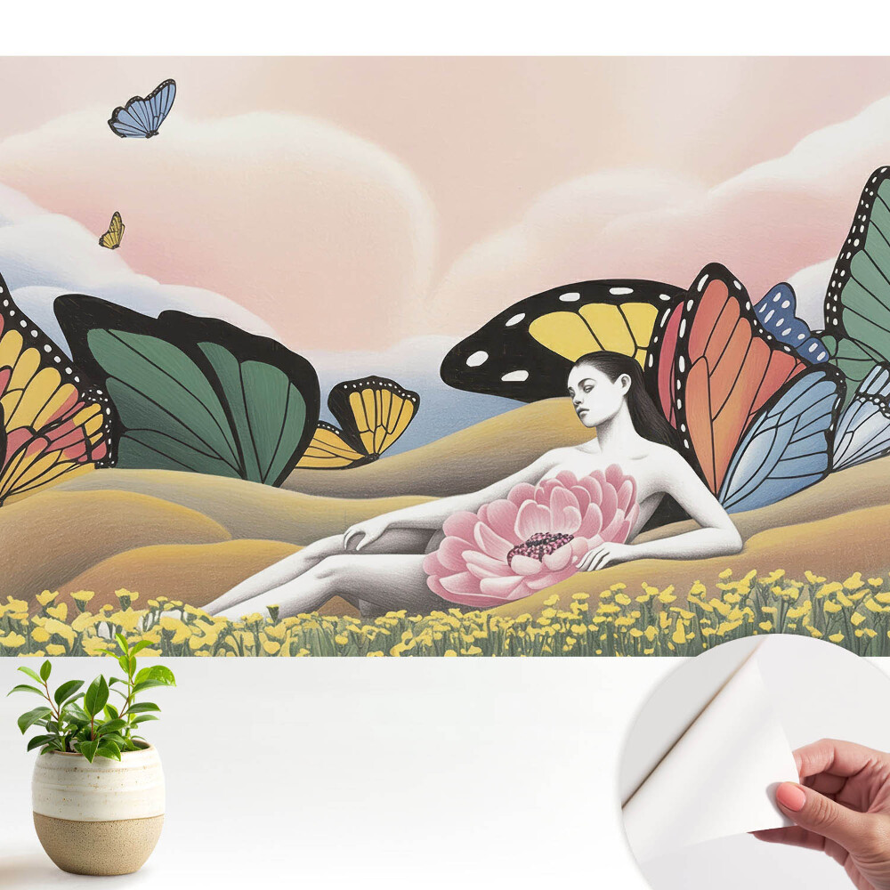 Fototapeta na wymiar do sypialni Kolorowe motyle łąka kobieta