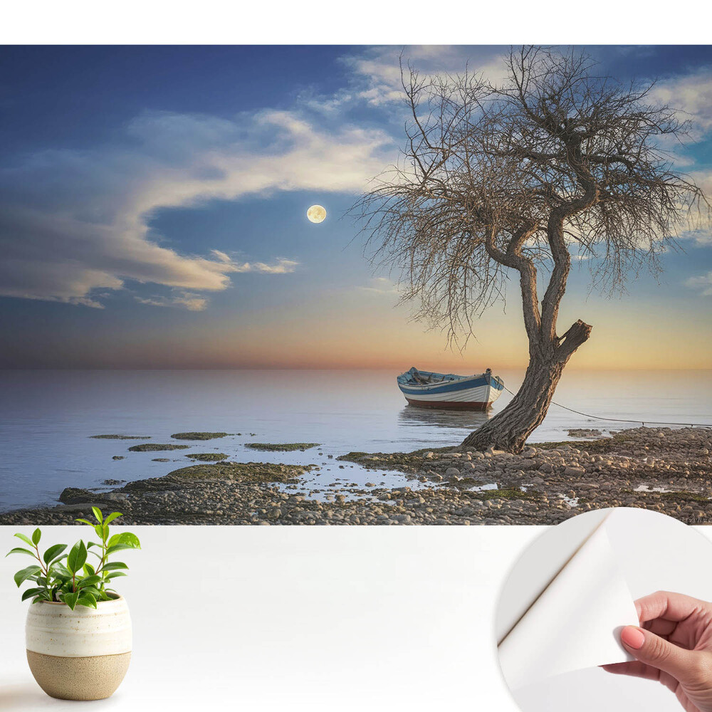 Fototapeta na wymiar do sypialni Romantyczny zachód słońca z łodzią i drzewem