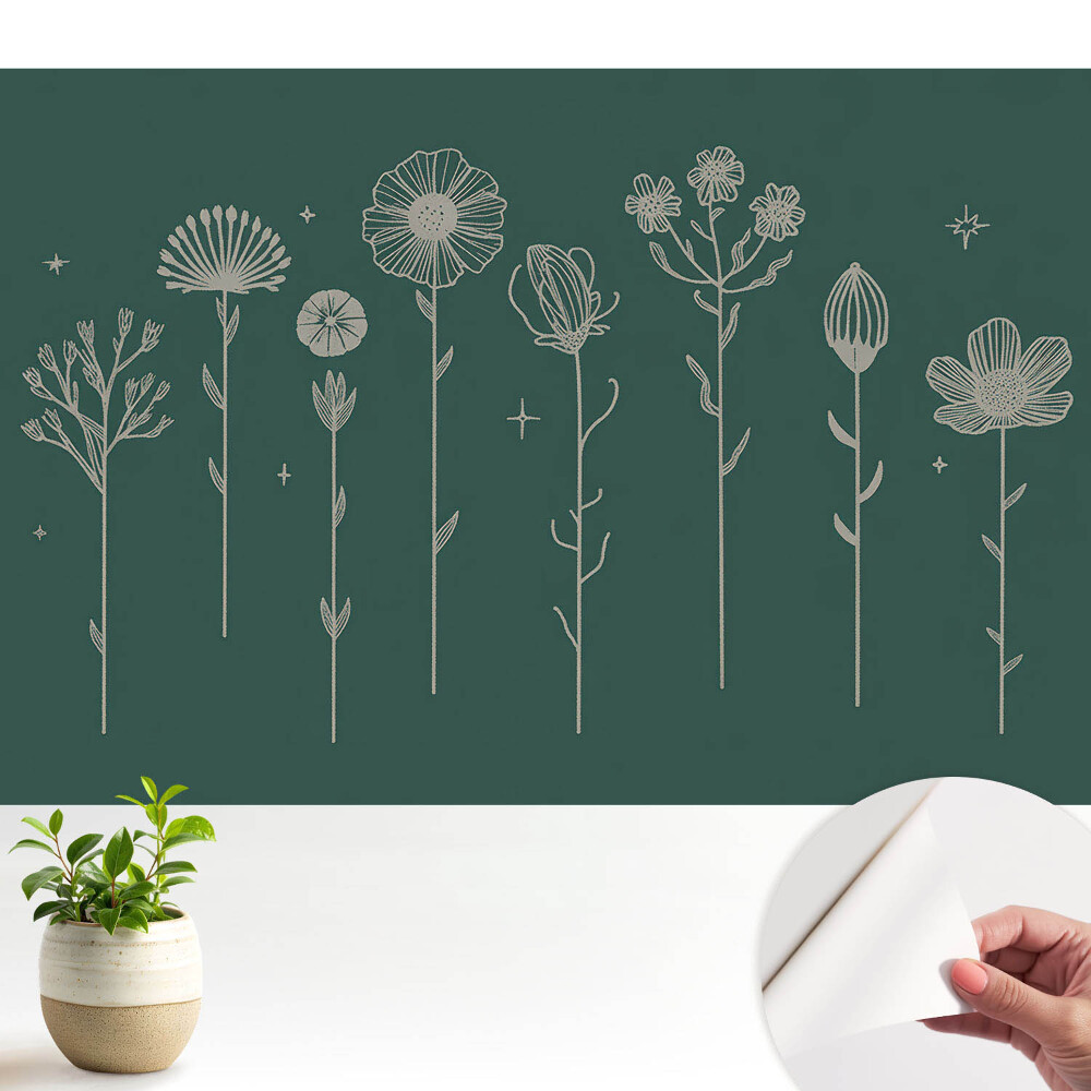Fototapeta samoprzylepna do salonu Minimalistyczne motywy kwiatowe na zielonym tle
