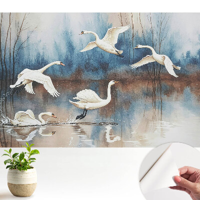 Nowoczesna fototapeta na wymiar Łabędzie nad jeziorem w mglistym lesie