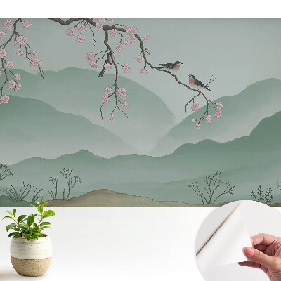 Tapeta fotograficzna samoprzylepna Kwiaty i ptaki na tle wzgórz