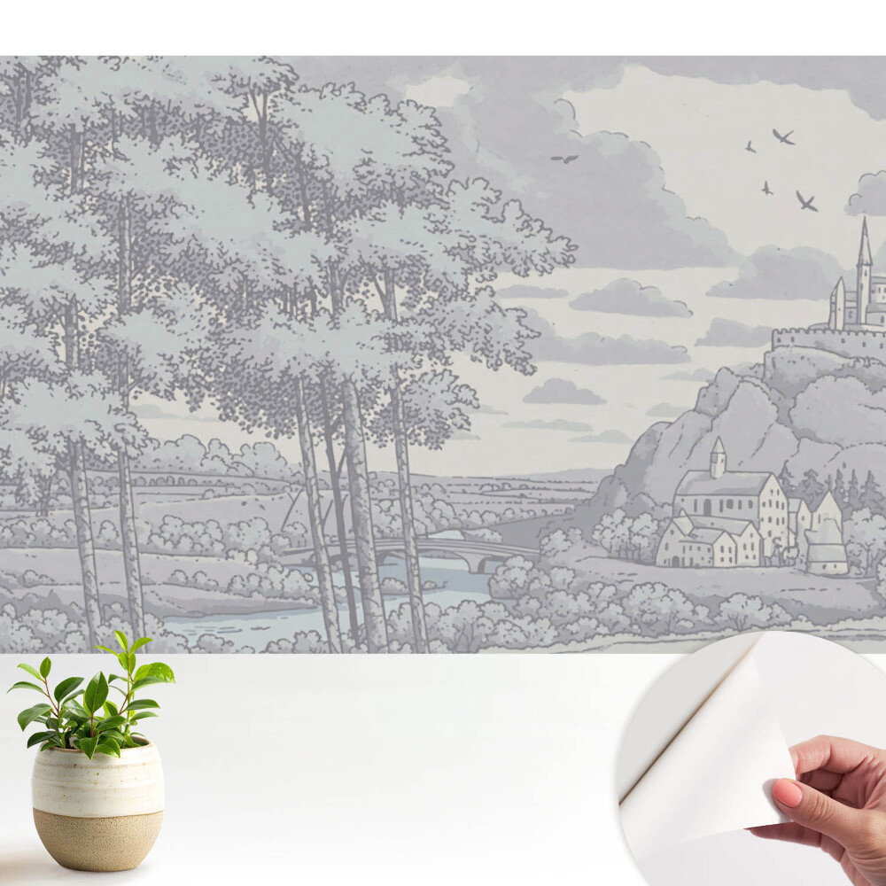 Fototapeta samoprzylepna do salonu Zamek las rzeka ilustracja klasyczna