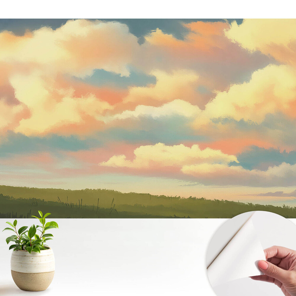 Fototapeta z nadrukiem samoprzylepna Pastelowe chmury łąka impresja