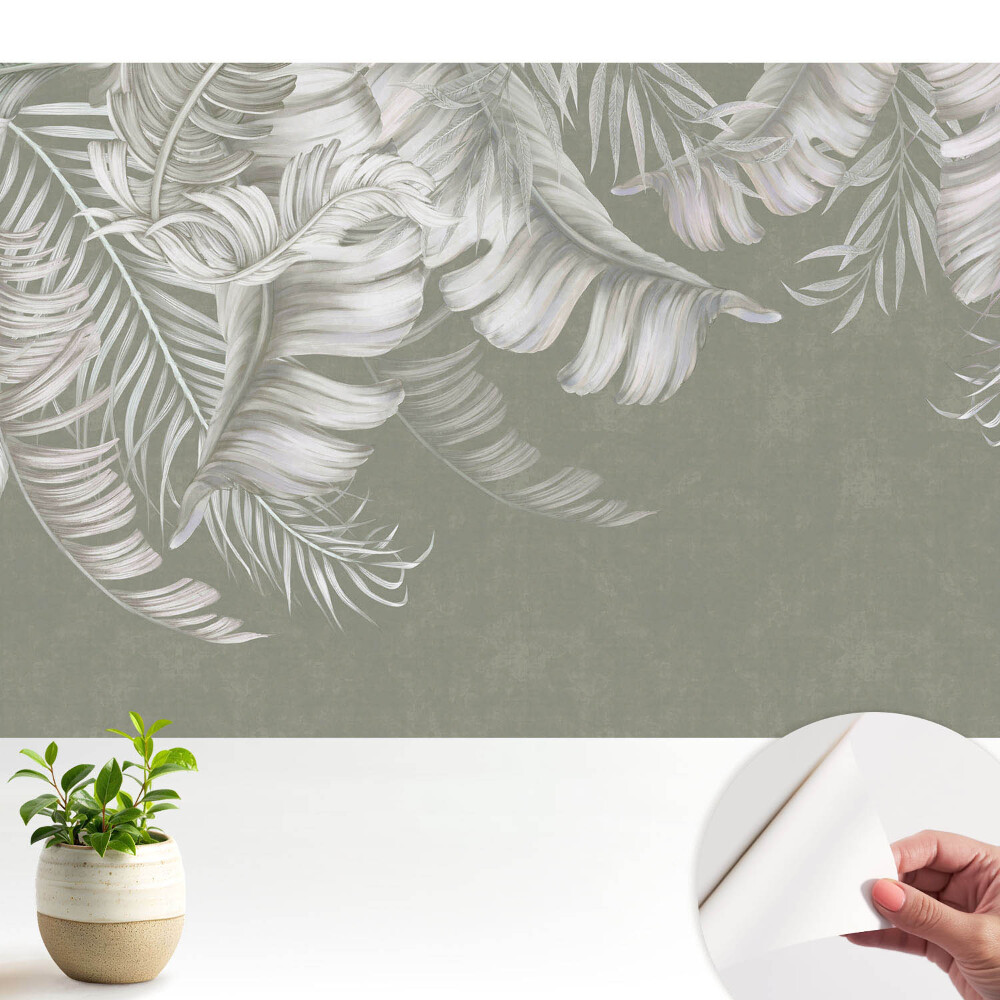 Fototapeta do salonu Subtelne liście tropikalne na szarym tle