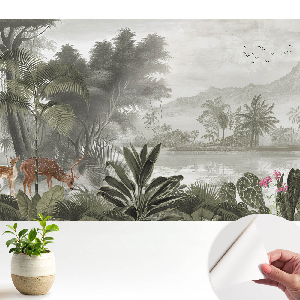 Fototapeta z nadrukiem samoprzylepna Egzotyczny krajobraz leśny z jeleniami