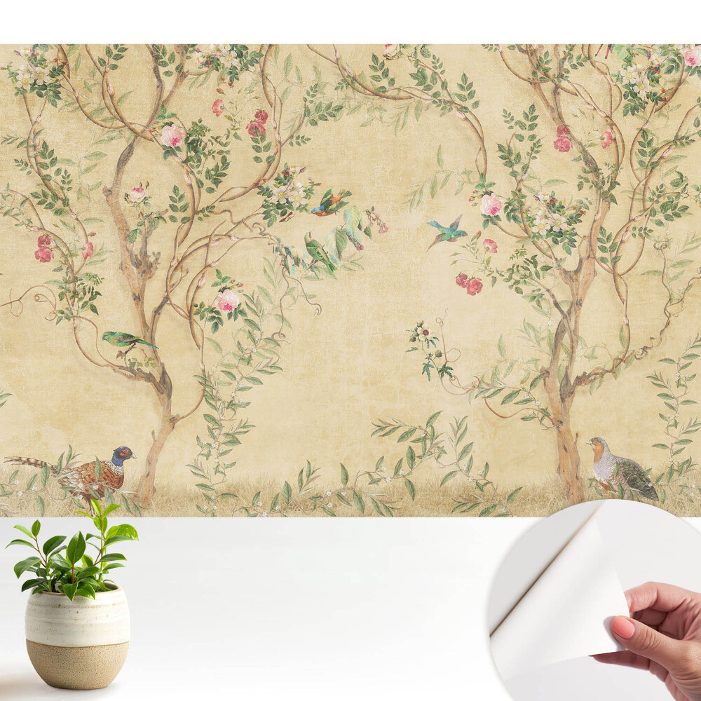 Tapeta fotograficzna samoprzylepna Eleganckie drzewo z kwiatami i ptakami