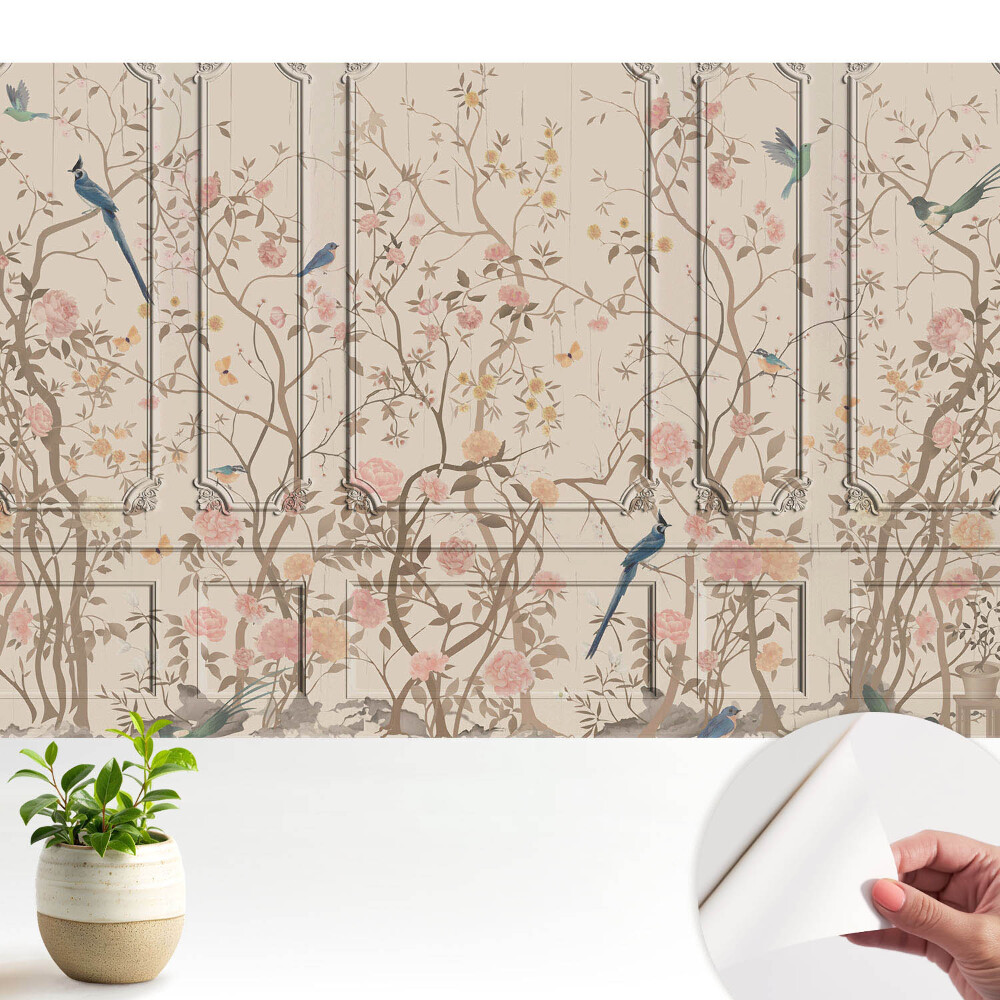 Fototapeta do salonu Ptaki i róże na tle paneli