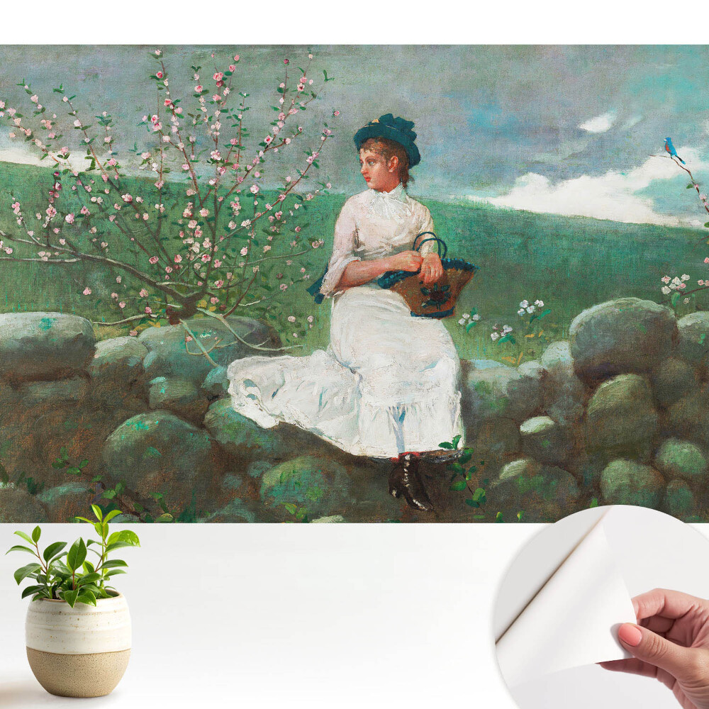 Fototapeta z nadrukiem samoprzylepna Kwiaty i dziewczyna na murze