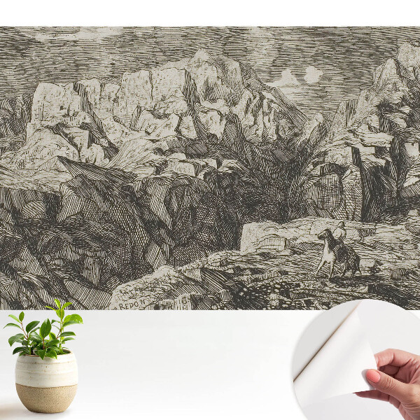 Fototapeta na wymiar do sypialni Grafika klasyczna surowe skały postać z osiołkiem