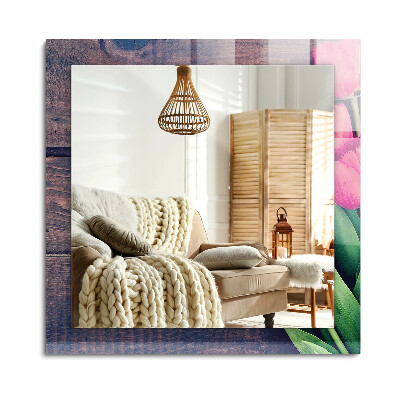 Lustro dekoracyjne prostokątne Różowe tulipany drewno