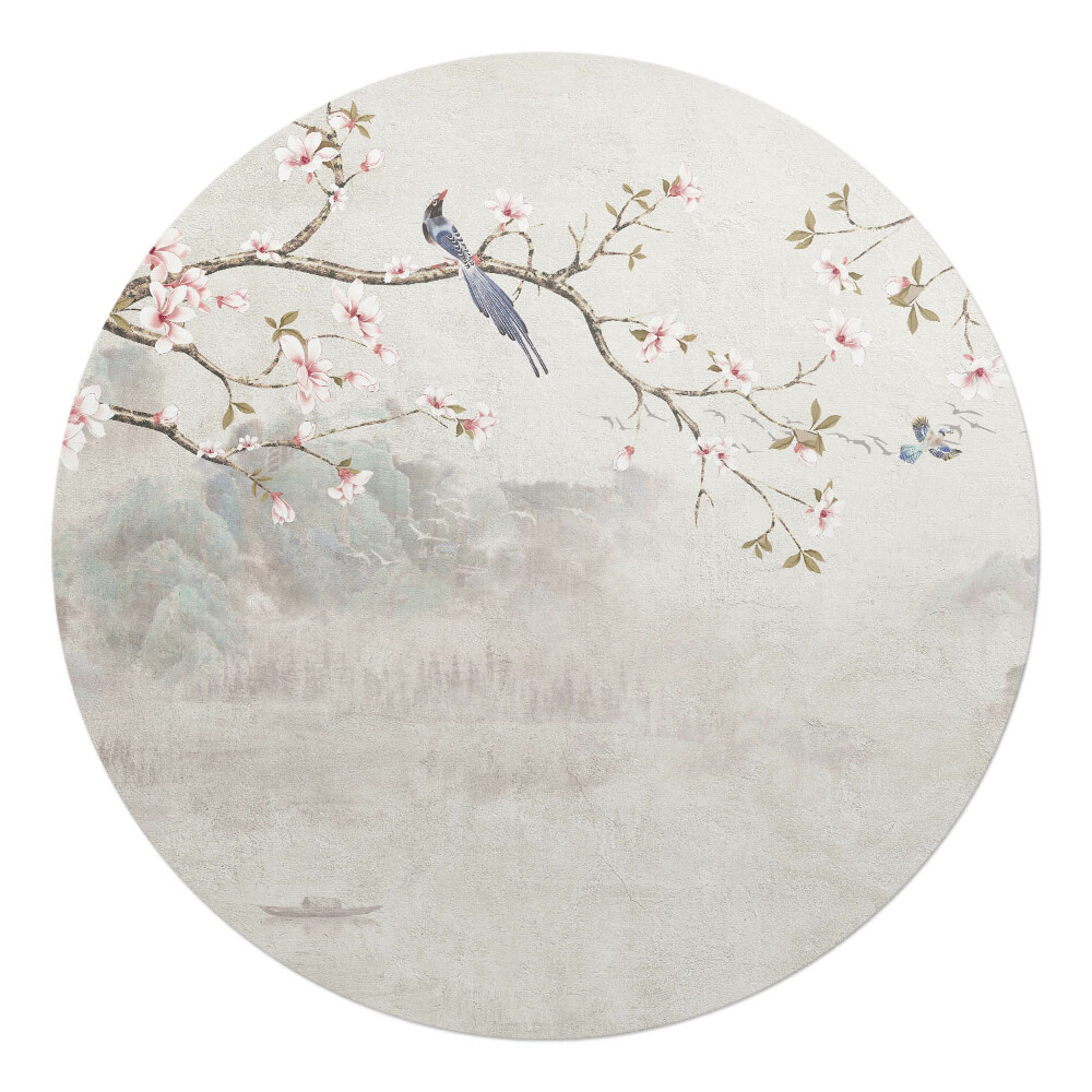 Podkładka pod krzesło obrotowe okrągła Kwiaty i ptaki na gałęzi