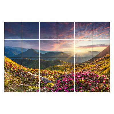 Naklejki na kafelki Krajobraz górski z kwiatami