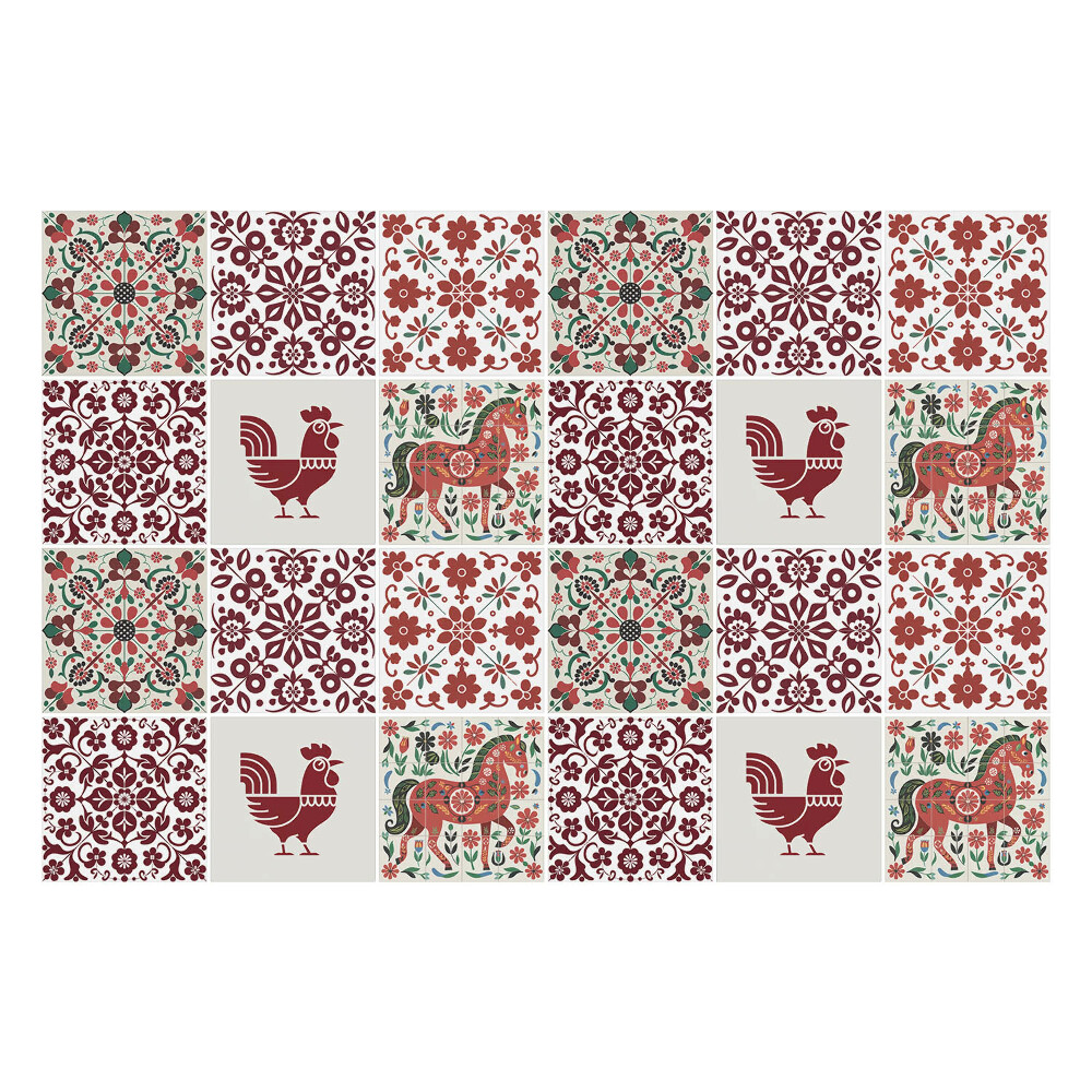 Naklejki samoprzylepne na kafelki Kury i konie w kwiatach