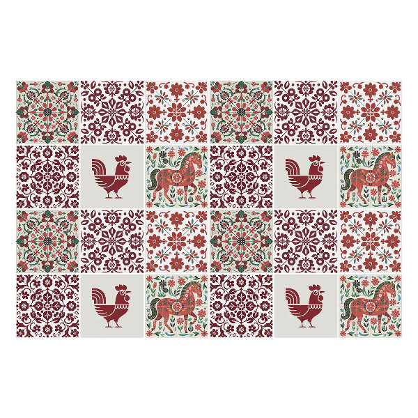 Naklejki samoprzylepne na kafelki Kury i konie w kwiatach