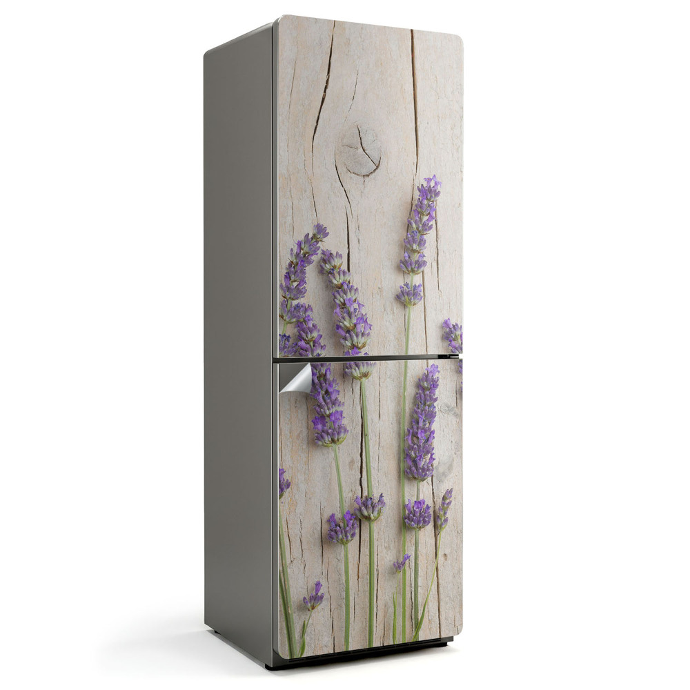 Naklejka tapeta na lodówkę Kwiaty lawendy na tle drewna