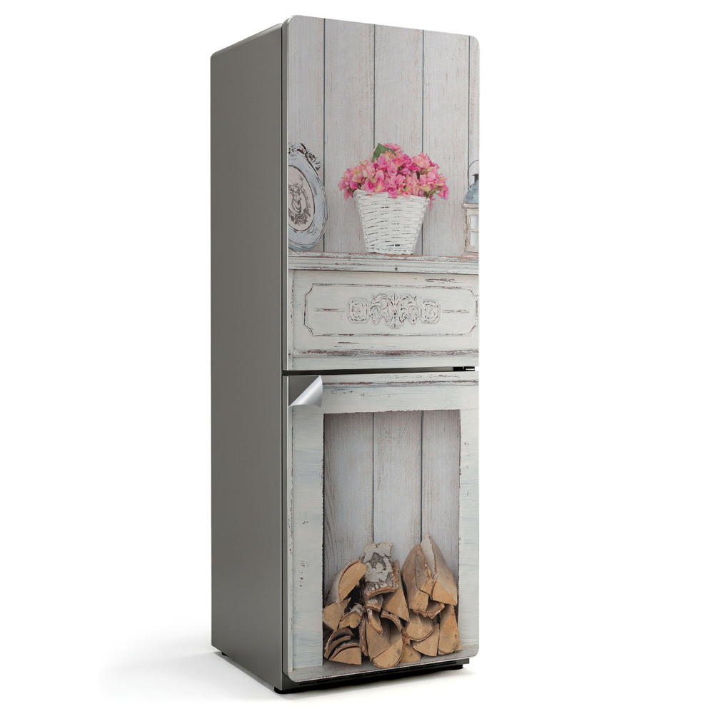 Naklejka tapeta na lodówkę Rustykalny kominek z kwiatami